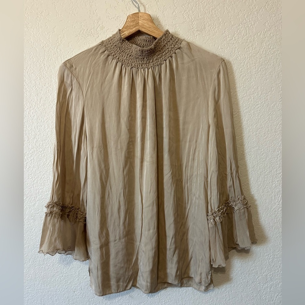 Kobi Halperin Lucca Silk Mock-Neck Blouse in Tan - Size M